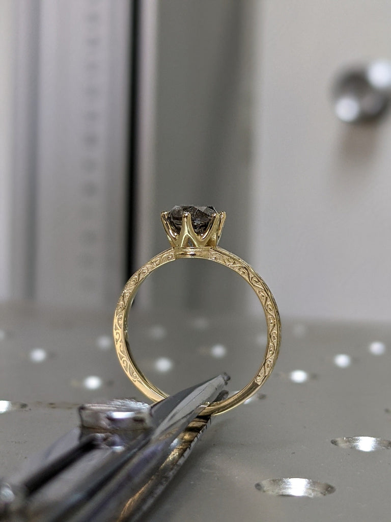 Raw Salt and Pepper Diamond Rose /White /Yellow Gold Engagement Ring Art Deco 1920's Inspired Thin Petite Band 14k Unique Ring for Her