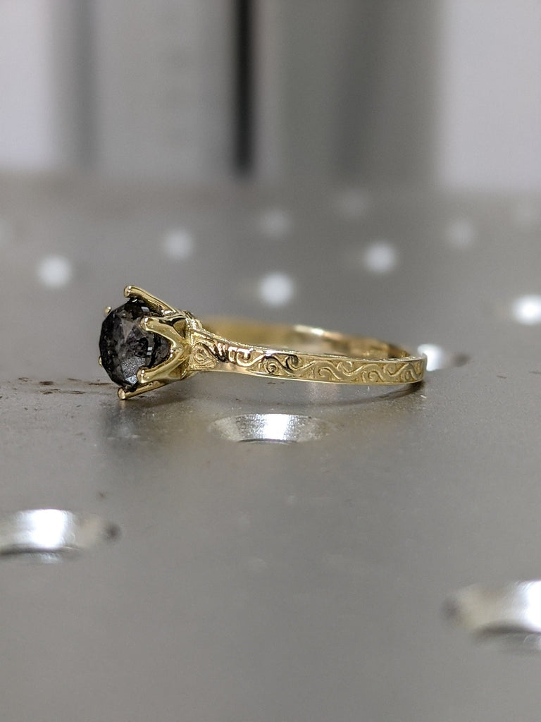 Raw Salt and Pepper Diamond Rose /White /Yellow Gold Engagement Ring Art Deco 1920's Inspired Thin Petite Band 14k Unique Ring for Her