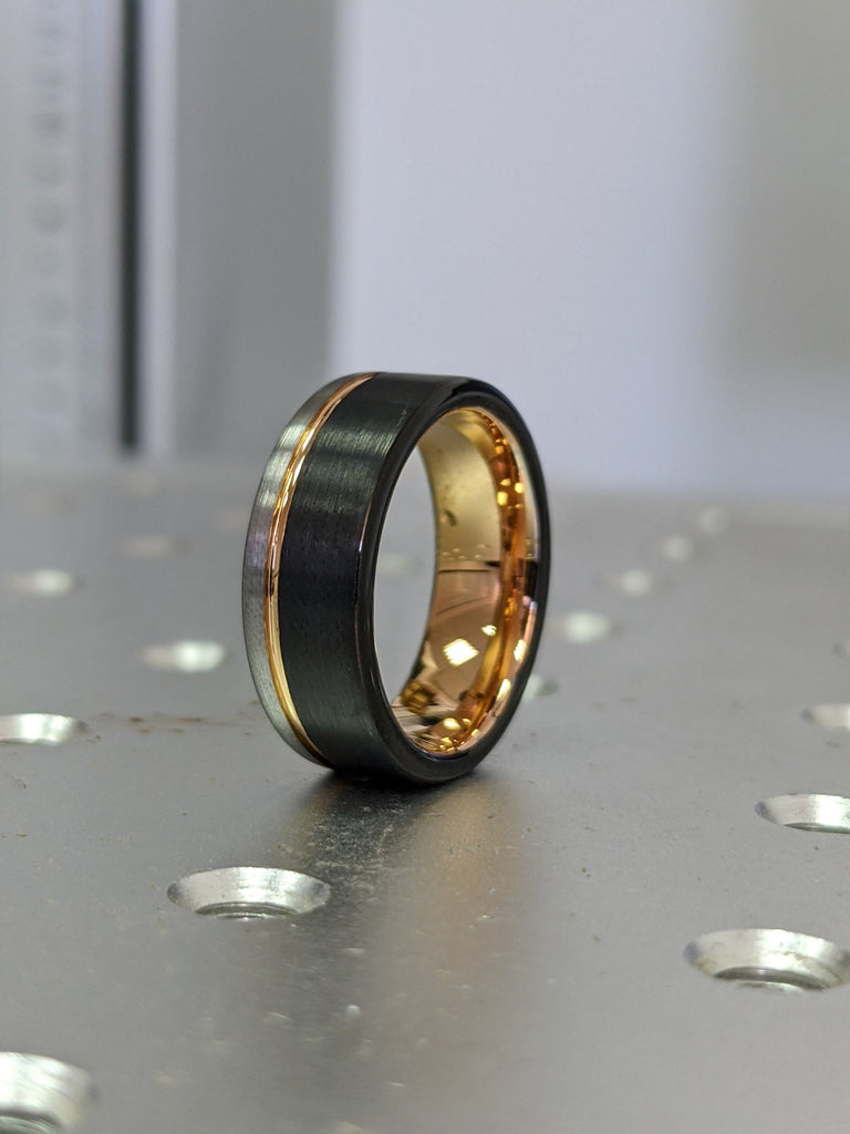 Tungsten Ring Black and Silver Brushed with Rose Gold Accent, Mens Ring, Mens Wedding Band