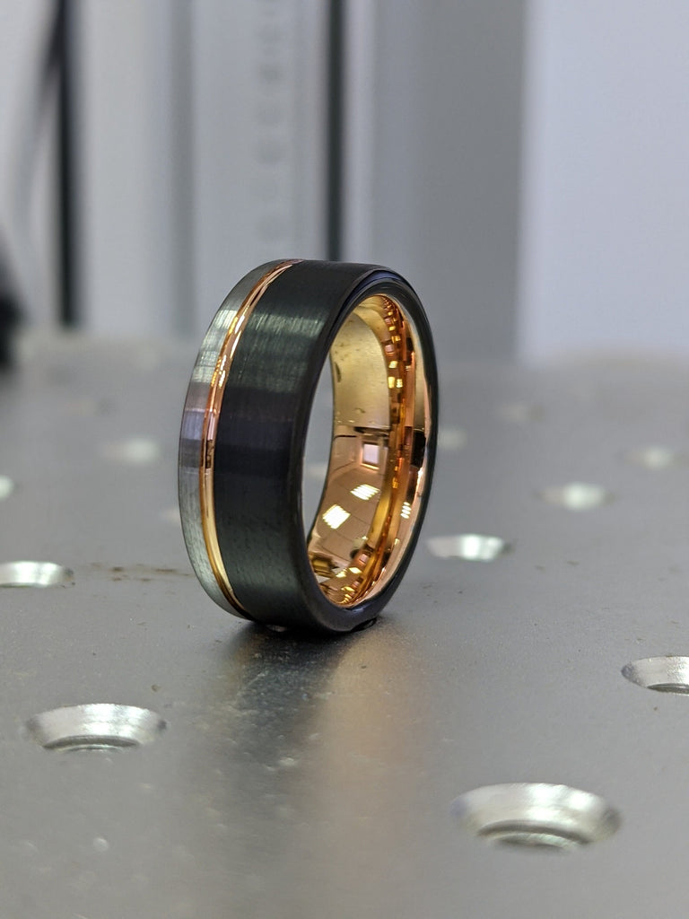 Tungsten Ring Black and Silver Brushed with Rose Gold Accent, Mens Ring, Mens Wedding Band