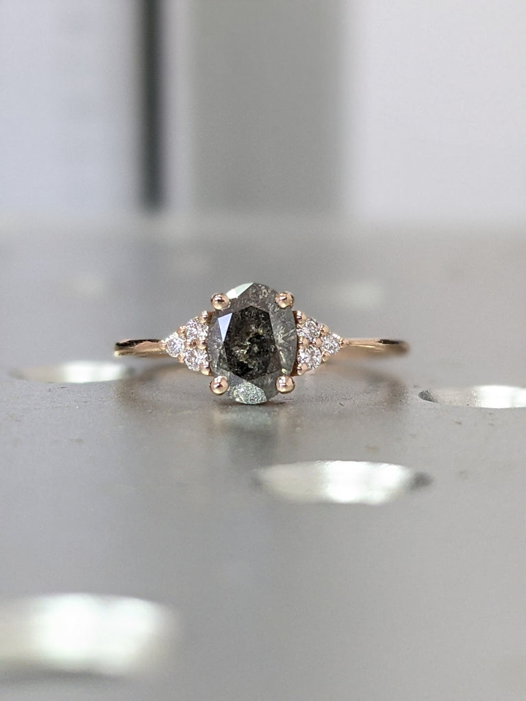 Vintage salt and pepper diamond engagement ring rose gold engagement ring diamond cluster oval ring wedding Bridal Anniversary