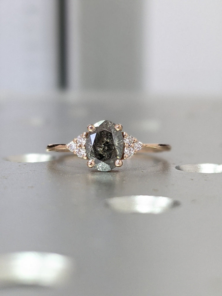 Gold Vintage salt and pepper diamond engagement ring rose gold engagement ring diamond cluster oval ring wedding Bridal Anniversary