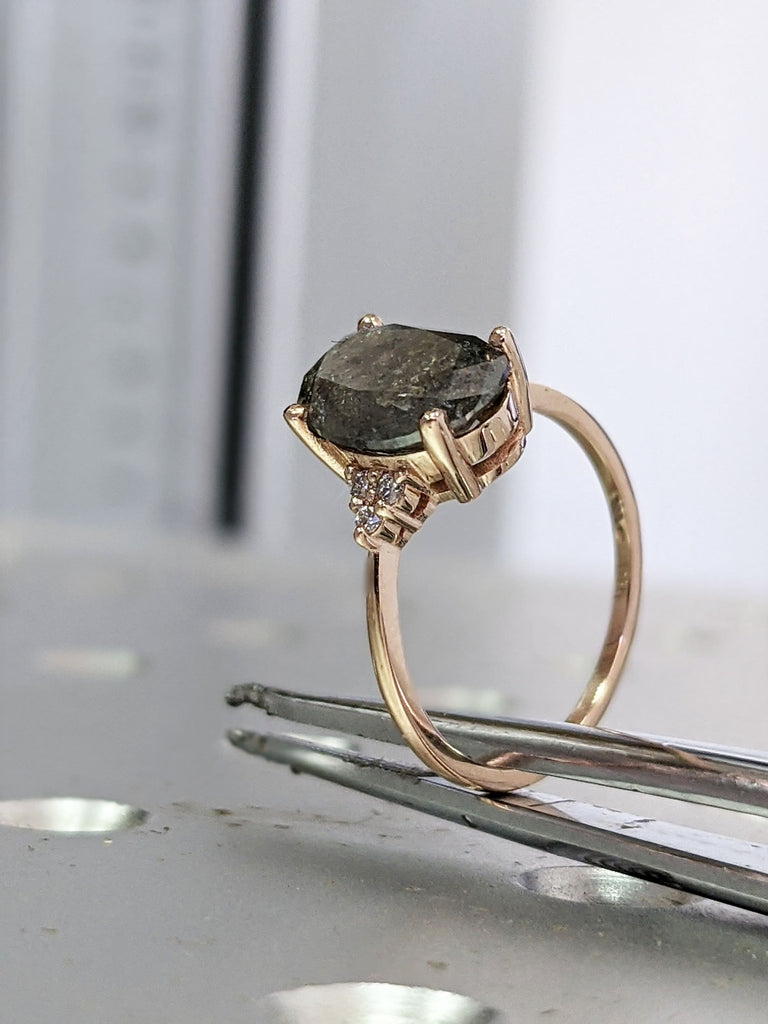 2ct oval Salt And pepper Vintage salt and pepper diamond engagement ring rose gold engagement ring diamond cluster ring wedding Bridal