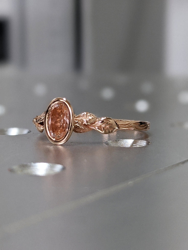 Oval Morganite Engagement Ring, Vintage Floral Morganite Ring, Rose Gold Floral Engagement Ring, Nature Inspired Leaf Morganite Ring