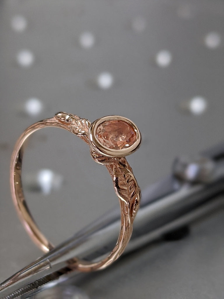 Oval Morganite Engagement Ring, Vintage Floral Morganite Ring, Rose Gold Floral Engagement Ring, Nature Inspired Leaf Morganite Ring