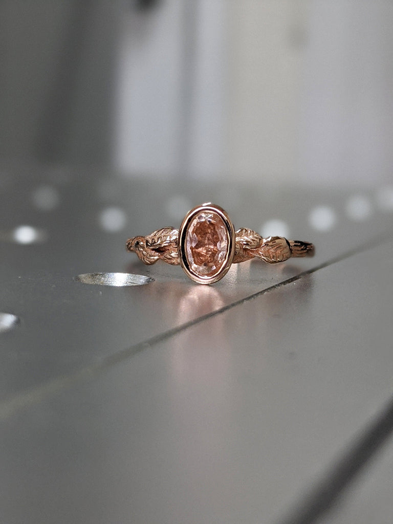 Oval Morganite Engagement Ring, Vintage Floral Morganite Ring, Rose Gold Floral Engagement Ring, Nature Inspired Leaf Morganite Ring