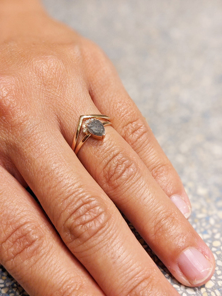 Raw Salt and Pepper Diamond, Rose Cut Pear Diamond Ring, Unique Engagement, Black, Gray Pear, 14k Yellow, Rose, or White Gold