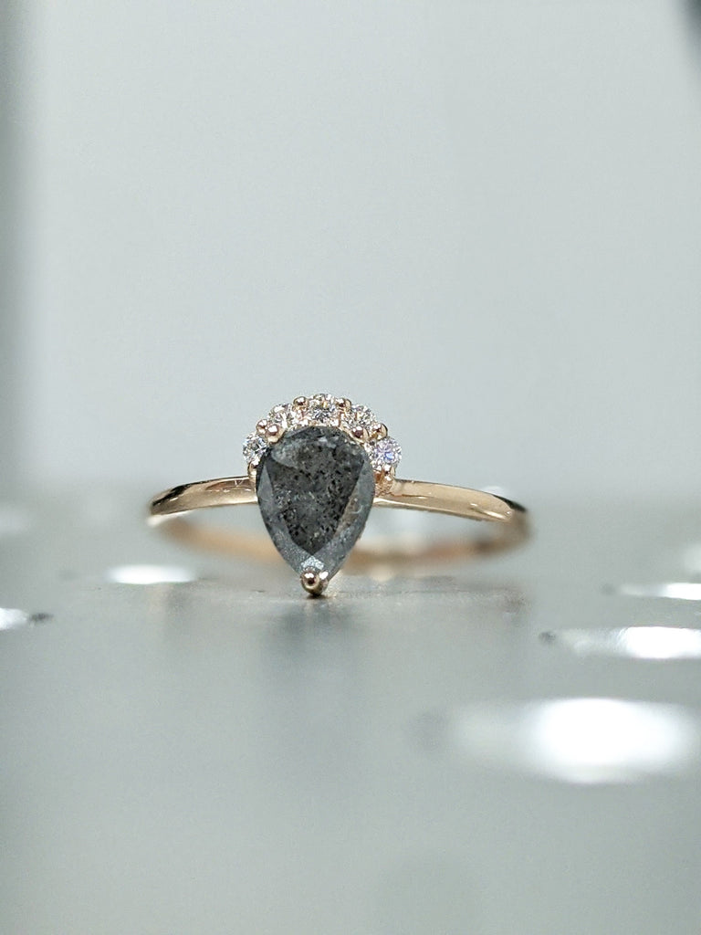 Raw Salt and Pepper Diamond, Rose Cut Pear Diamond Ring, Unique Engagement, Black, Gray Pear, 14k Yellow, Rose, or White Gold