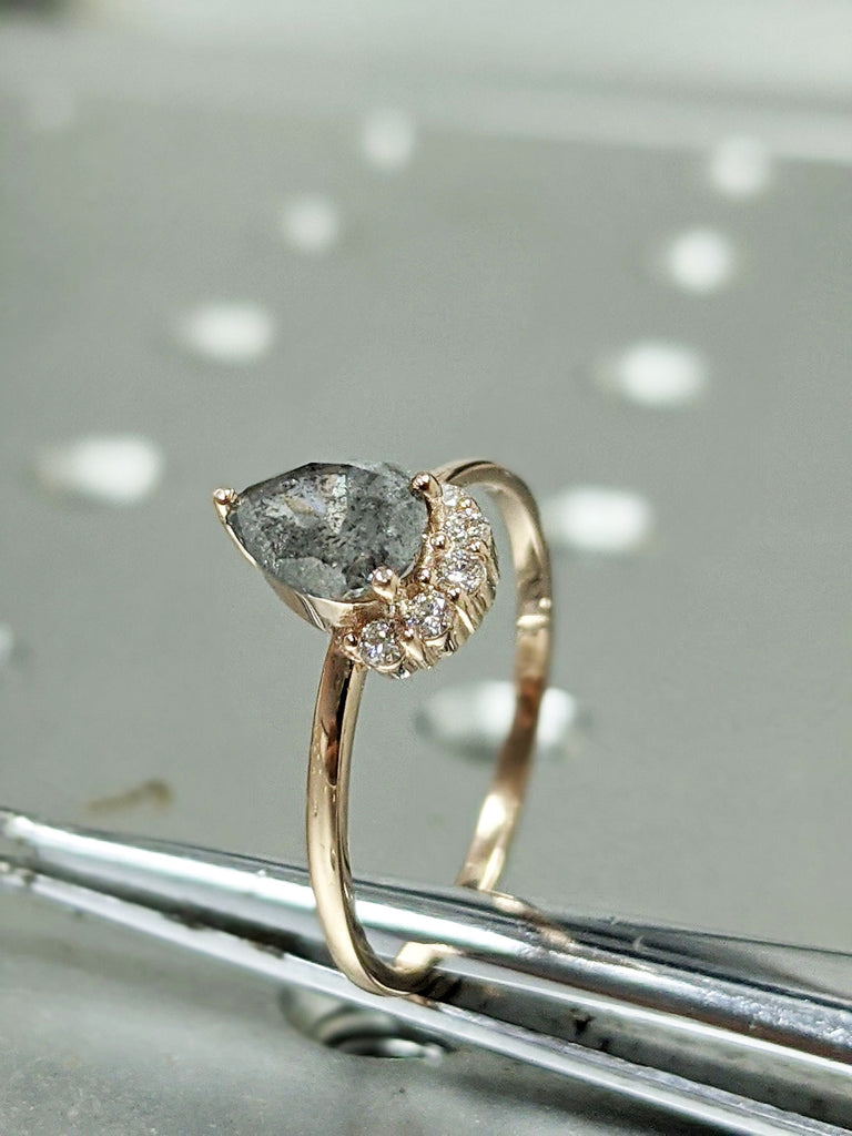 Raw Salt and Pepper Diamond, Rose Cut Pear Diamond Ring, Unique Engagement, Black, Gray Pear, 14k Yellow, Rose, or White Gold