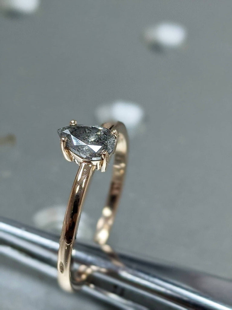 Raw Salt and Pepper Diamond, Rose Cut Pear Diamond Ring, Unique Engagement, Black, Gray Pear, 14k Yellow, Rose, or White Gold