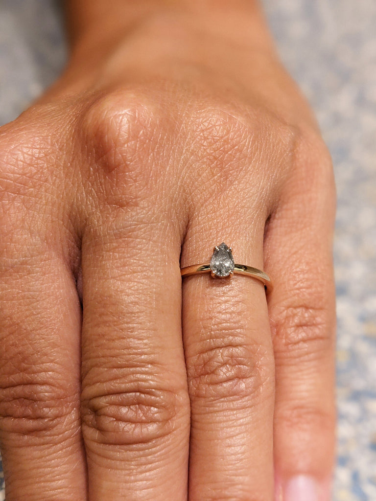 Raw Salt and Pepper Diamond, Rose Cut Pear Diamond Ring, Unique Engagement, Black, Gray Pear, 14k Yellow, Rose, or White Gold