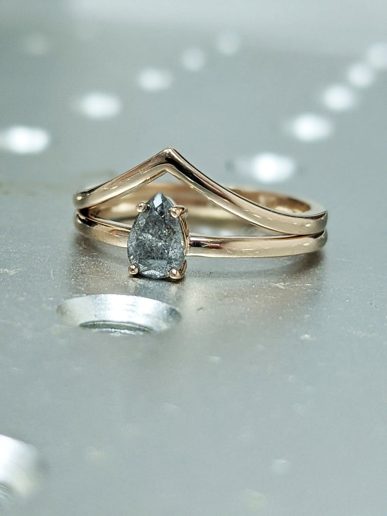 Raw Salt and Pepper Diamond, Rose Cut Pear Diamond Ring, Unique Engagement, Black, Gray Pear, 14k Yellow, Rose, or White Gold