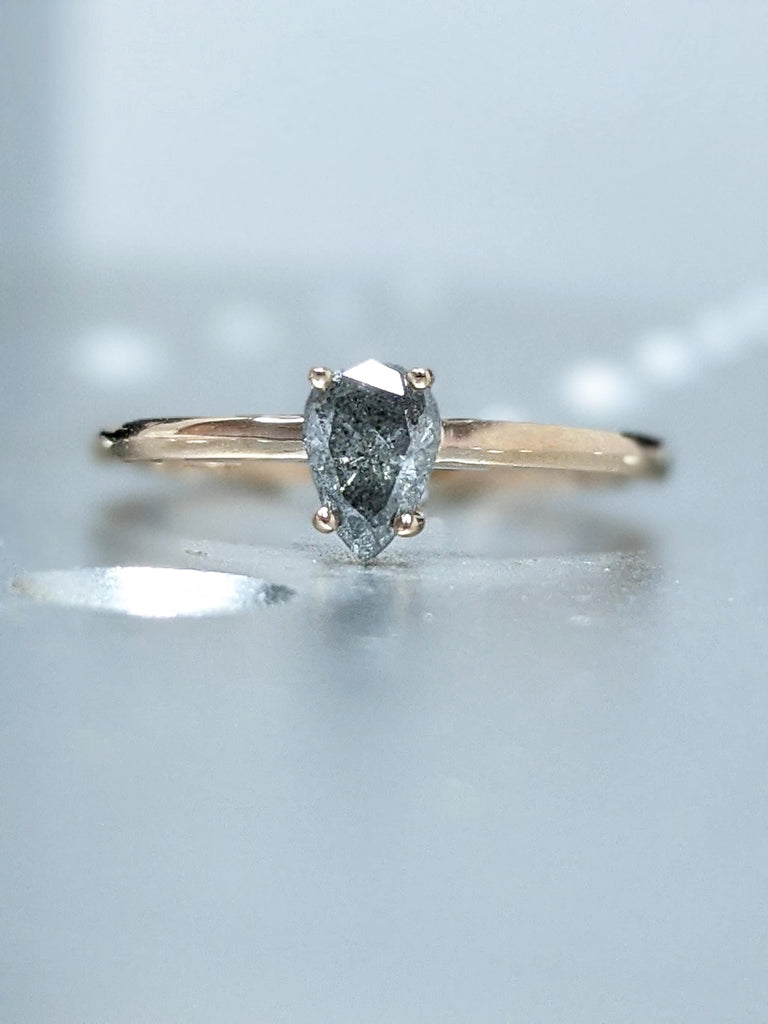 1920's Raw Salt and Pepper Diamond, Rose Cut Pear Diamond Ring, Unique Engagement, Black, Gray Pear, 14k Yellow, Rose, or White Gold