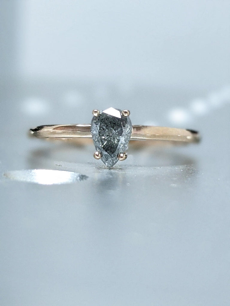 Raw Salt and Pepper Diamond, Rose Cut Pear Diamond Ring, Unique Engagement, Black, Gray Pear, 14k Yellow, Rose, or White Gold