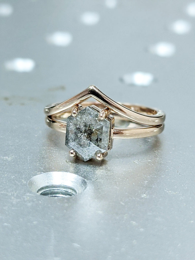 Raw Diamond, Salt and Pepper, Hexagon, Unique Engagement Ring, Rose Cut Geometric Diamond Ring, 14k Gold, Custom Handmade