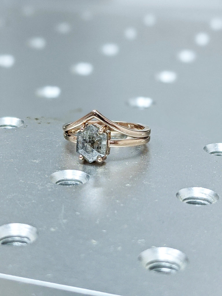 Raw Diamond, Salt and Pepper, Hexagon, Unique Engagement Ring, Rose Cut Geometric Diamond Ring, 14k Gold, Custom Handmade