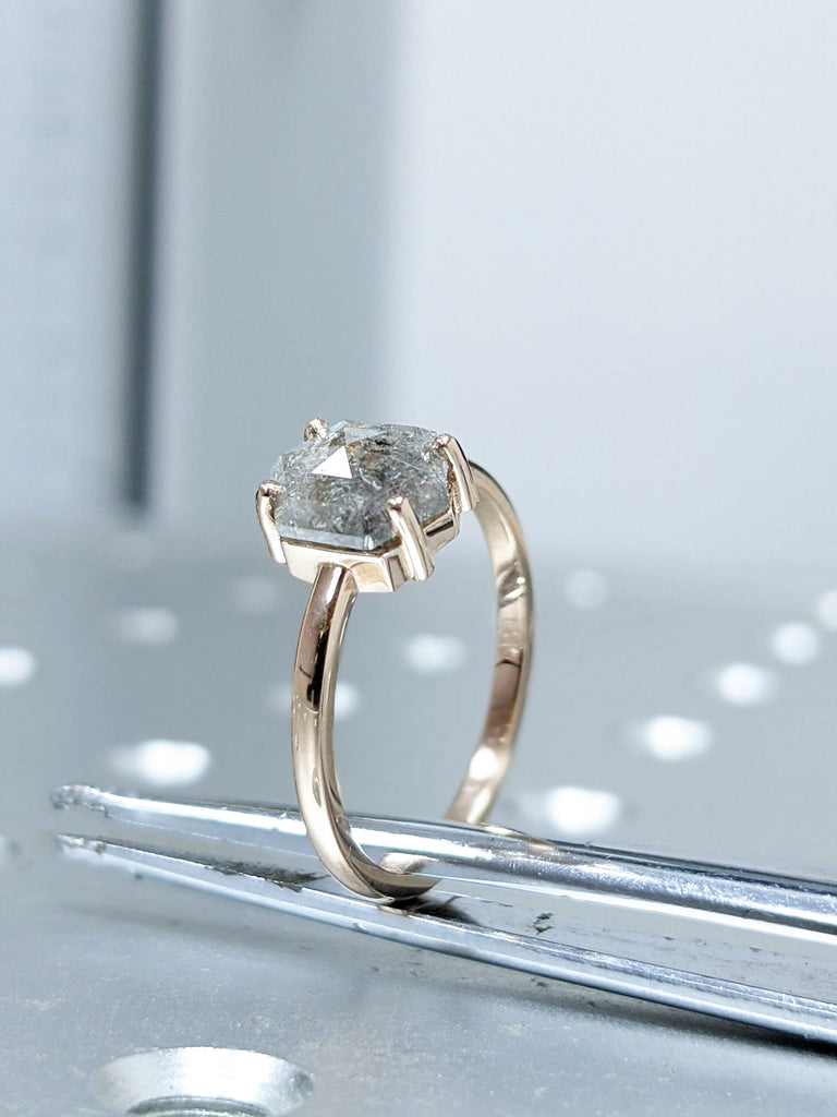 0.3 Carat Raw Diamond, Salt and Pepper, Hexagon, Unique Engagement Ring, Rose Cut Geometric Diamond Ring, 14k Gold, Custom Handmade
