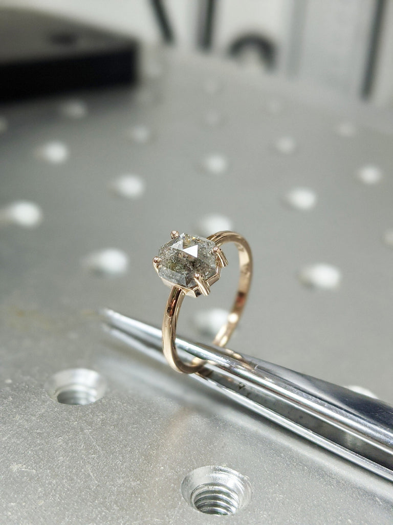 Raw Diamond, Salt and Pepper, Hexagon, Unique Engagement Ring, Rose Cut Geometric Diamond Ring, 14k Gold, Custom Handmade