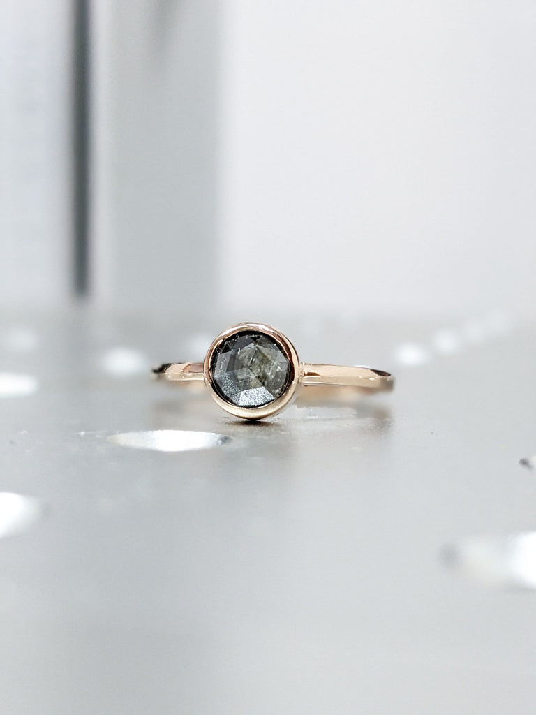 Raw Diamond, Unique Engagement, Salt and Pepper, Black diamond, Rose Cut, Bezel setting, Simple Alternative, Custom Handmade Diamond Ring