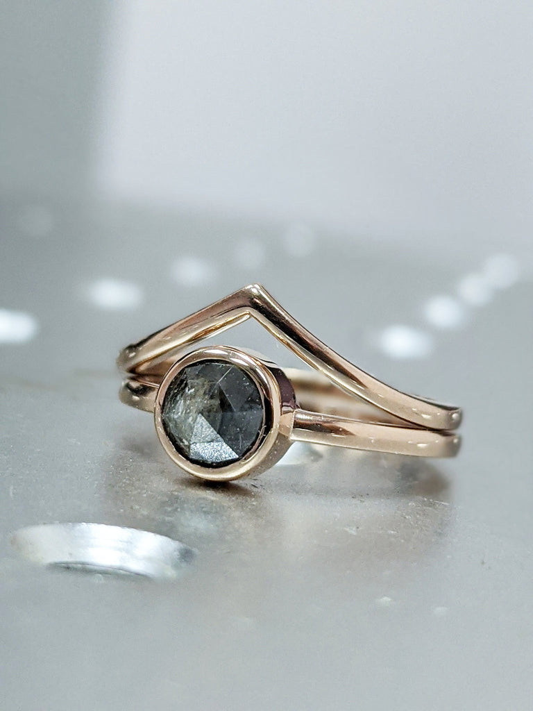 Raw Diamond, Unique Engagement, Salt and Pepper, Black diamond, Rose Cut, Bezel setting, Simple Alternative, Custom Handmade Diamond Ring