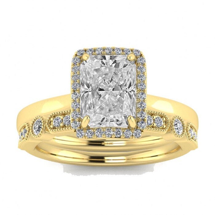 Custom for Kelly - Rings Set- 2.5ct Radiant Moissanite Center - 14k Yellow Gold Diamond Halo - 8.75US