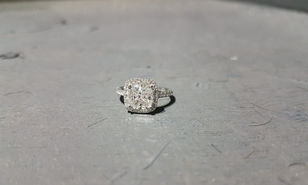 2ct 7.5mm 14kt White Gold Moissanite Diamond Dainty Micropave Cushion Halo Engagement Ring, Cushion Cut Halo, Colorless Moissanite