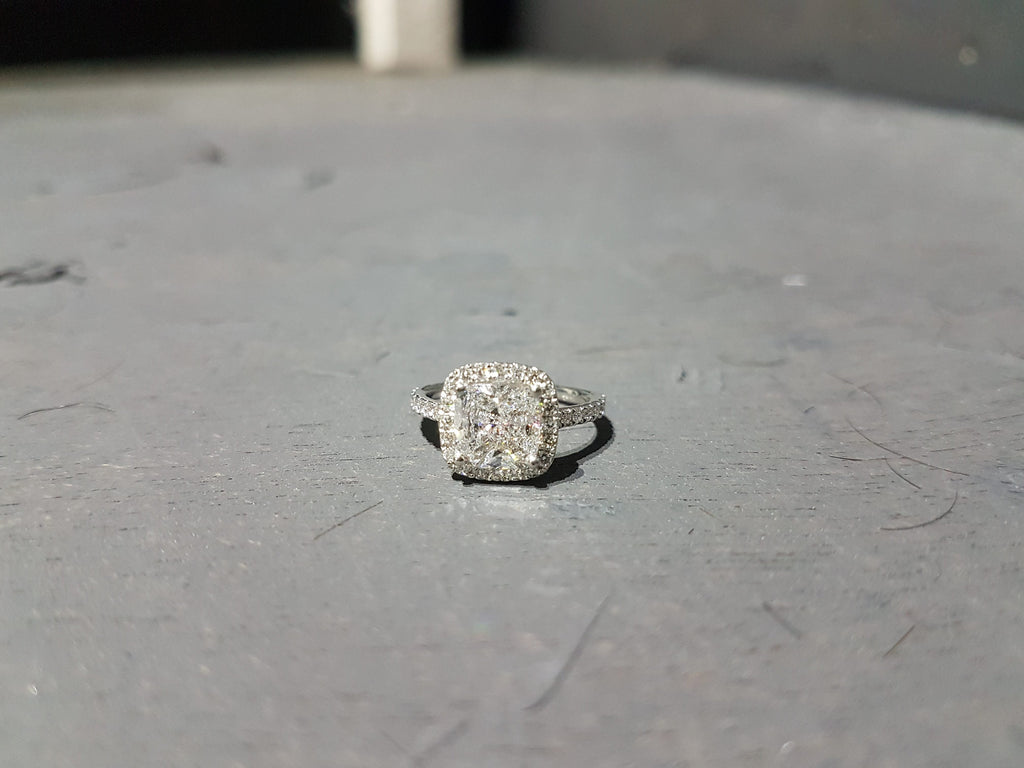 2ct 7.5mm 14kt White Gold Moissanite Diamond Dainty Micropave Cushion Halo Engagement Ring, Cushion Cut Halo, Colorless Moissanite