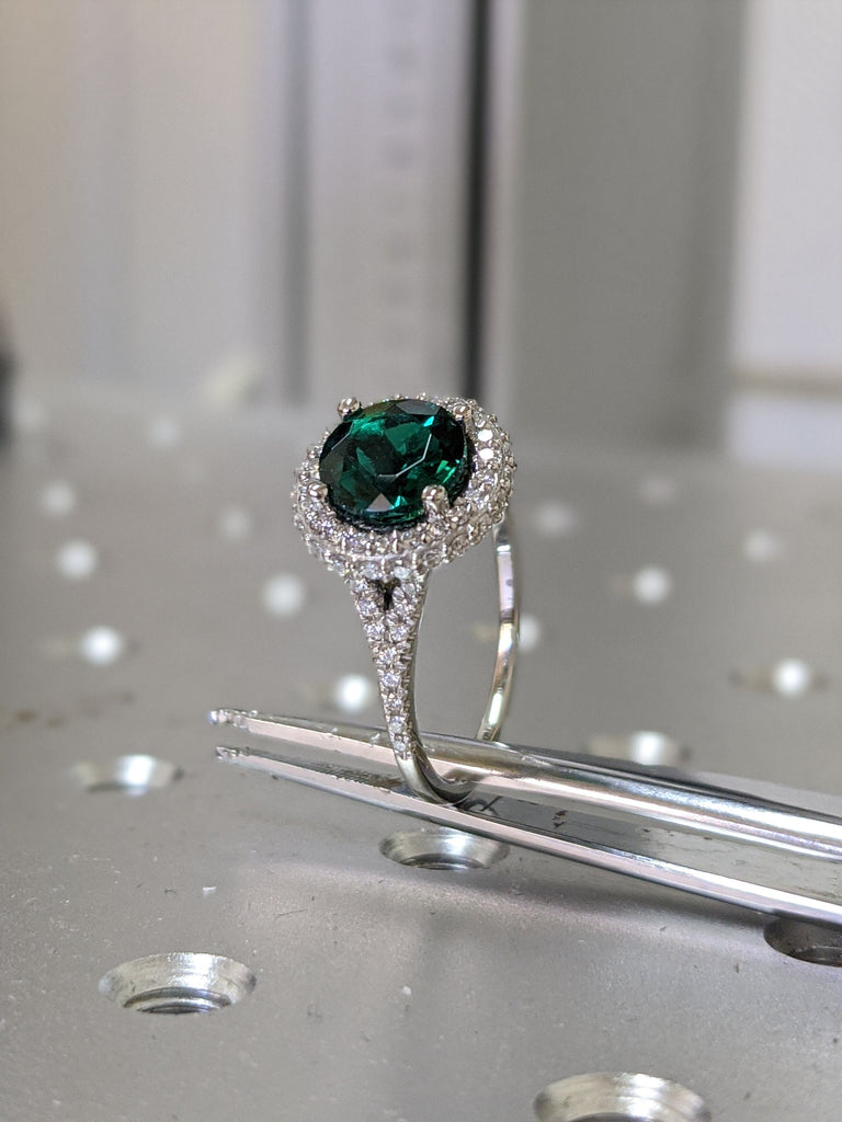 Green emerald engagement ring rose gold 14K/18K emerald ring may birthstone ring diamond wedding ring unique halo promise ring