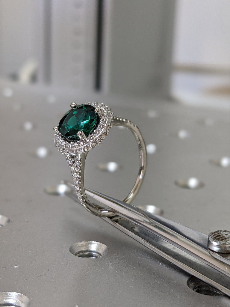 Green emerald engagement ring rose gold 14K/18K emerald ring may birthstone ring diamond wedding ring unique halo promise ring