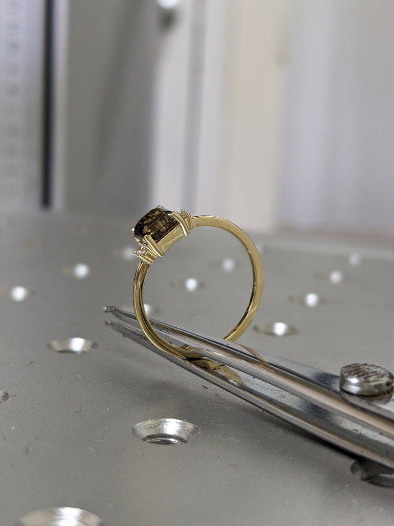 Emerald Square Raw Salt and Pepper Diamond Gold Engagement Ring Art Deco 1920's Inspired Thin Petite Band 14k Unique Ring for Her