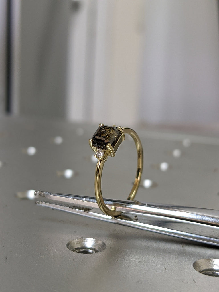 Emerald Square Raw Salt and Pepper Diamond Gold Engagement Ring Art Deco 1920's Inspired Thin Petite Band 14k Unique Ring for Her