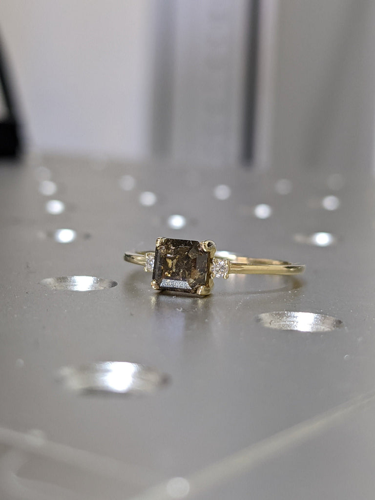 Emerald Square Raw Salt and Pepper Diamond Gold Engagement Ring Art Deco 1920's Inspired Thin Petite Band 14k Unique Ring for Her