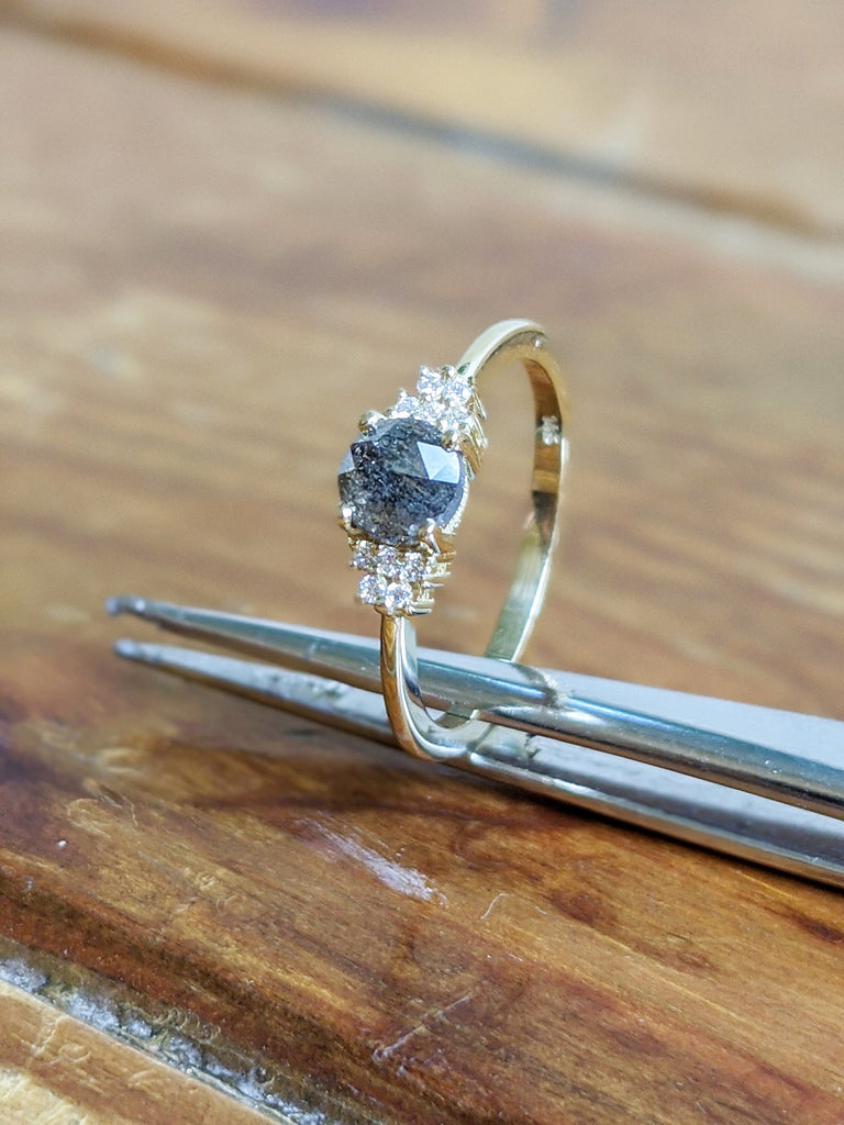 Raw Diamond, Unique Engagement, Salt and Pepper, Black diamond, Rose Cut, Prong setting, Simple Alternative, Custom Handmade Diamond Ring