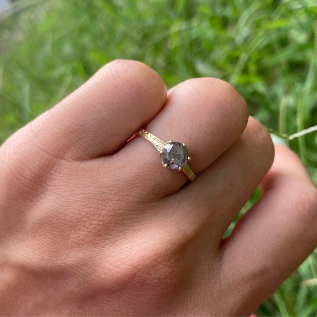 Light Raw Salt and Pepper Diamond Rose /White /Yellow Gold Engagement Ring Art Deco 1920's Inspired Thin Petite Band 14k Unique Ring for Her