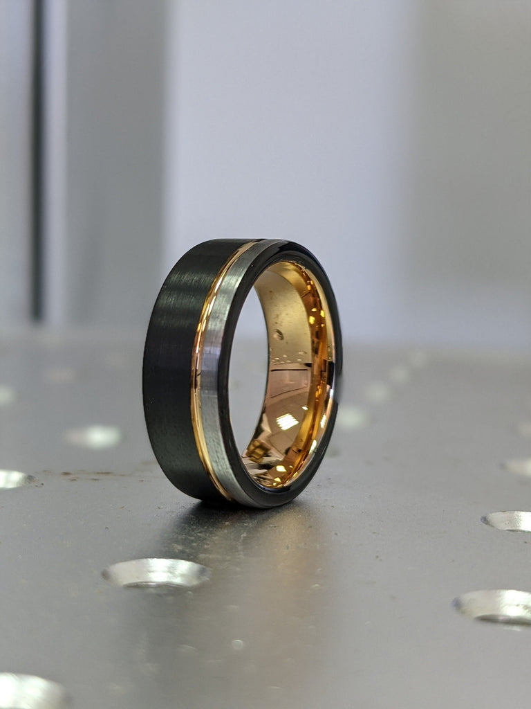 Tungsten Ring Black and Silver Brushed with Rose Gold Accent, Mens Ring, Mens Wedding Band