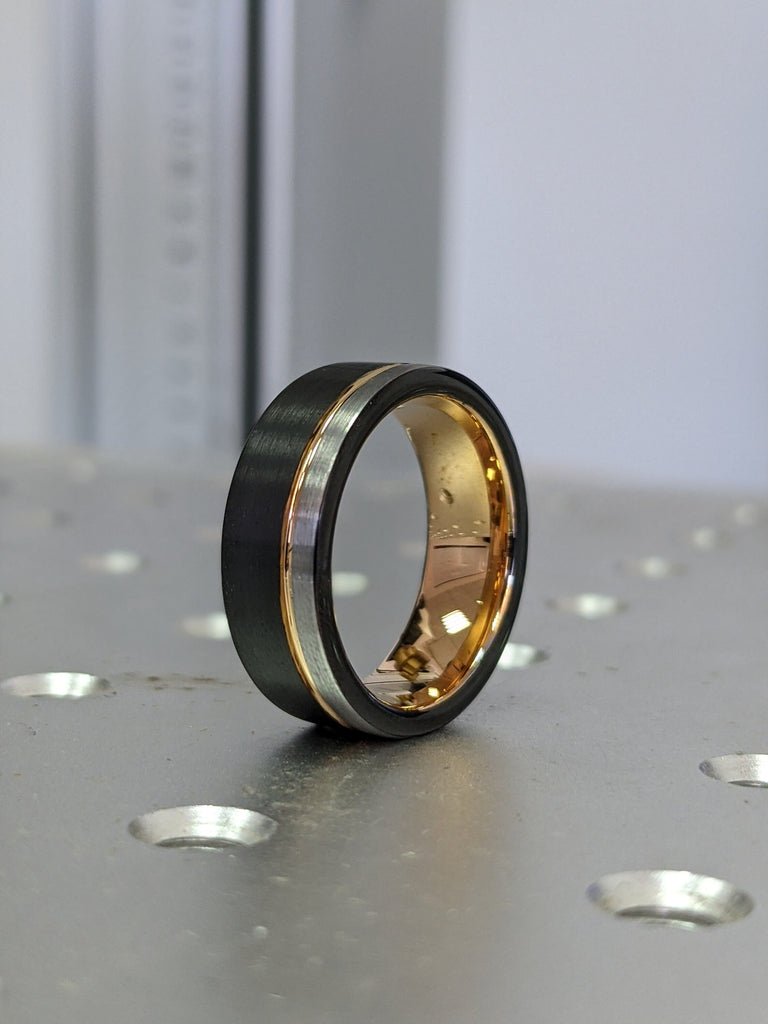 Tungsten Ring Black and Silver Brushed with Rose Gold Accent, Mens Ring, Mens Wedding Band