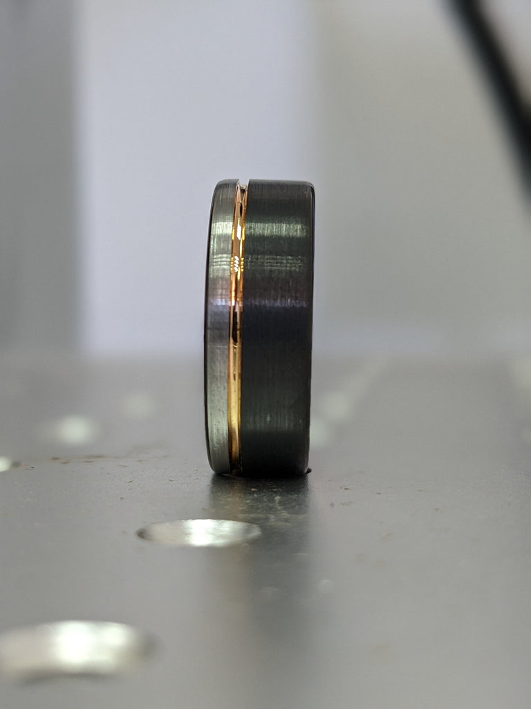 Tungsten Ring Black and Silver Brushed with Rose Gold Accent, Mens Ring, Mens Wedding Band