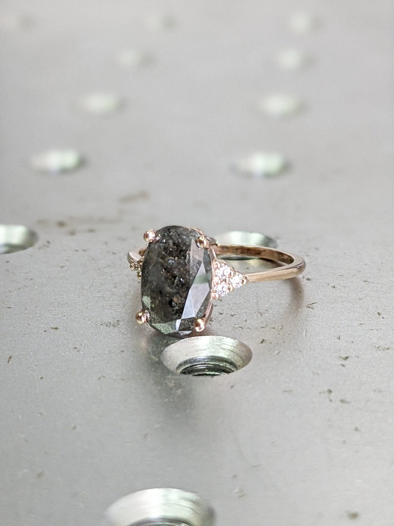 2ct oval Salt And pepper Vintage salt and pepper diamond engagement ring rose gold engagement ring diamond cluster ring wedding Bridal
