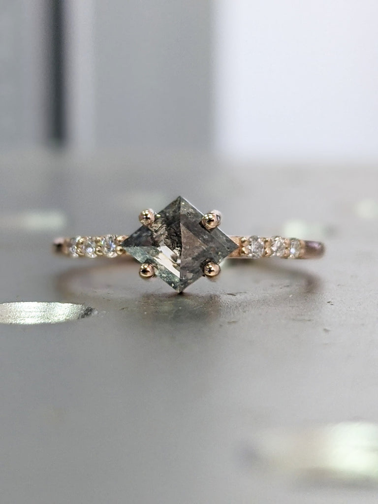 Alternative Diamond Engagement Ring Salt And Pepper Diamond, Kite Diamond Ring, Unique Salt Pepper Diamond Ring