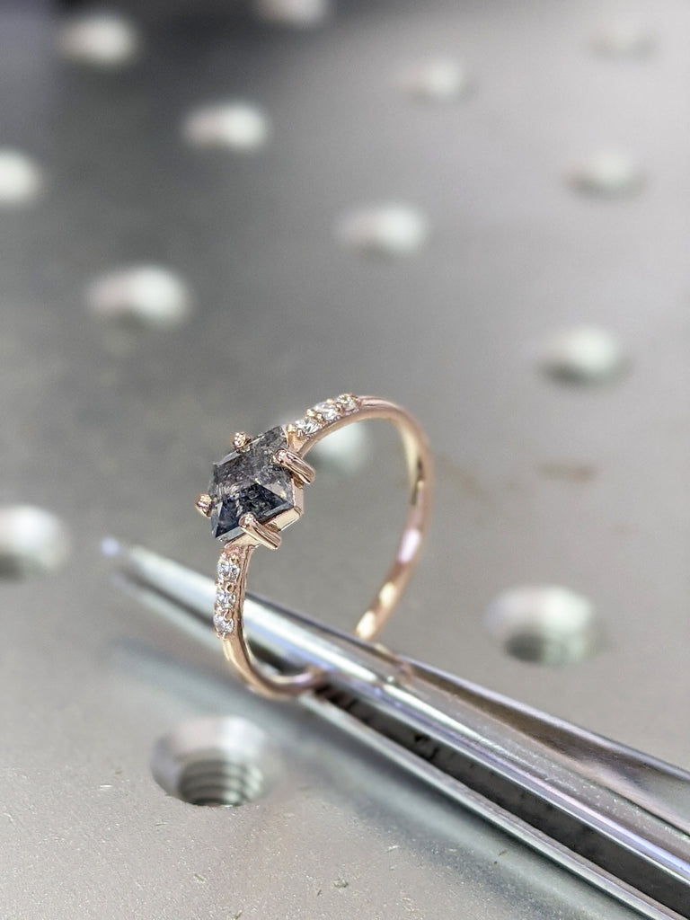 Alternative Diamond Engagement Ring Salt And Pepper Diamond, Kite Diamond Ring, Unique Salt Pepper Diamond Ring