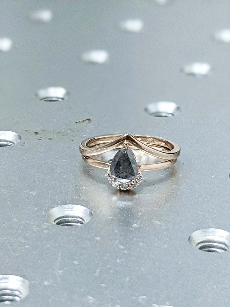 Raw Salt and Pepper Diamond, Rose Cut Pear Diamond Ring, Unique Engagement, Black, Gray Pear, 14k Yellow, Rose, or White Gold