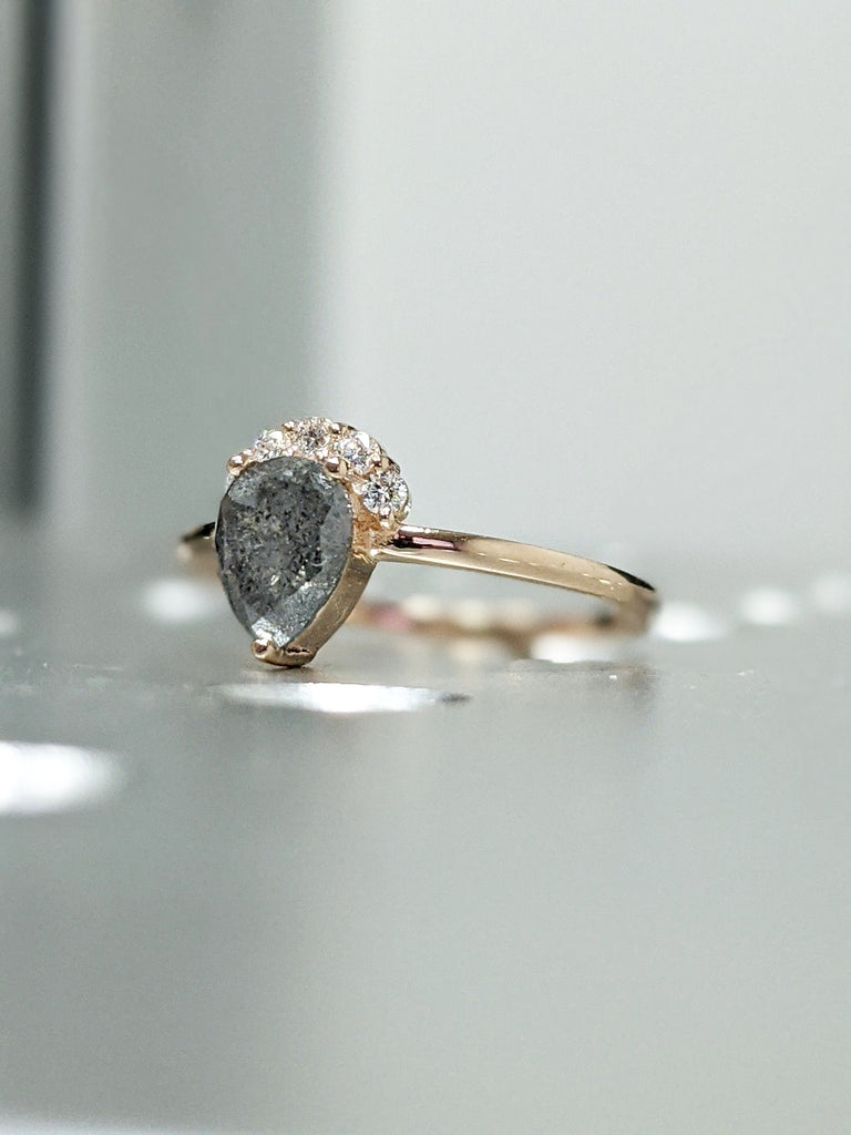 Raw Salt and Pepper Diamond, Rose Cut Pear Diamond Ring, Unique Engagement, Black, Gray Pear, 14k Yellow, Rose, or White Gold