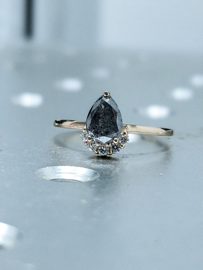 Raw Salt and Pepper Diamond, Rose Cut Pear Diamond Ring, Unique Engagement, Black, Gray Pear, 14k Yellow, Rose, or White Gold