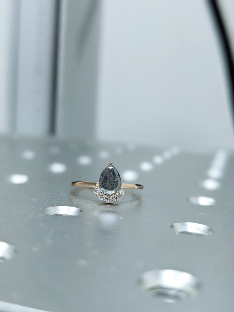 Raw Salt and Pepper Diamond, Rose Cut Pear Diamond Ring, Unique Engagement, Black, Gray Pear, 14k Yellow, Rose, or White Gold