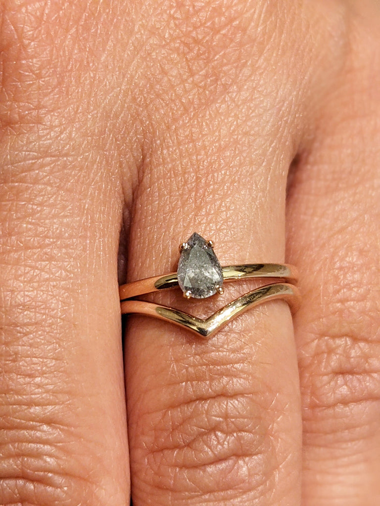 Raw Salt and Pepper Diamond, Rose Cut Pear Diamond Ring, Unique Engagement, Black, Gray Pear, 14k Yellow, Rose, or White Gold