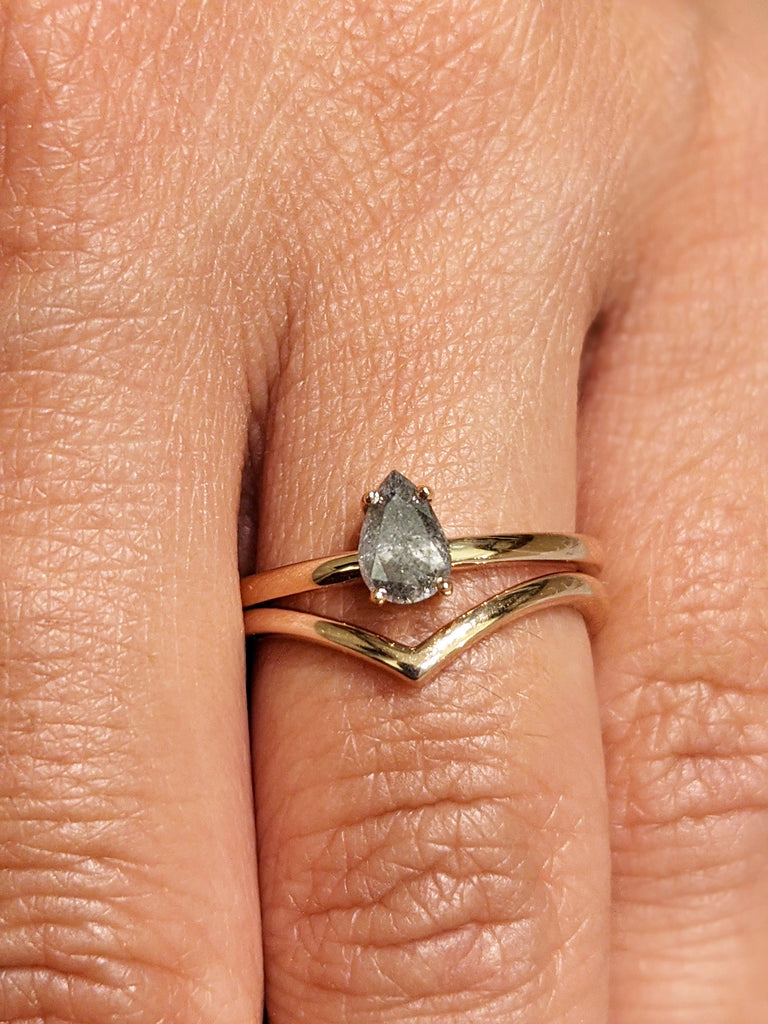 White Gold Raw Salt and Pepper Diamond, Full Cut Pear Diamond Ring, Unique Engagement, Black, Gray Pear, 14k Yellow, Rose, or White Gold