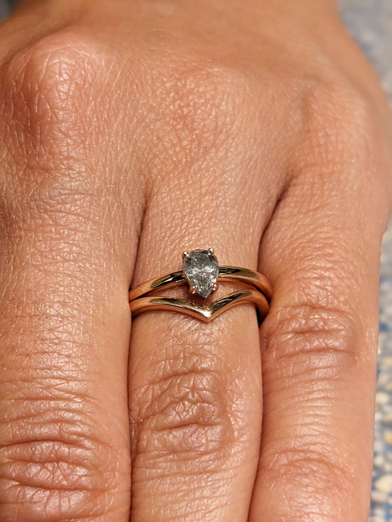 White Gold Raw Salt and Pepper Diamond, Full Cut Pear Diamond Ring, Unique Engagement, Black, Gray Pear, 14k Yellow, Rose, or White Gold