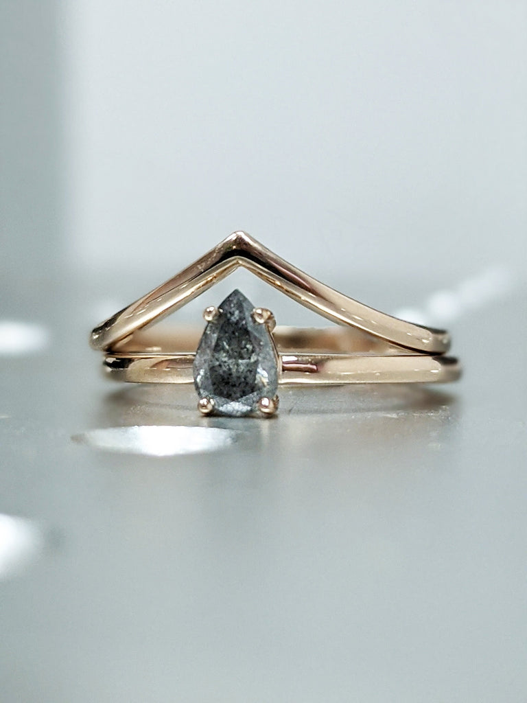 1920's Raw Salt and Pepper Diamond, Rose Cut Pear Diamond Ring, Unique Engagement, Black, Gray Pear, 14k Yellow, Rose, or White Gold Set
