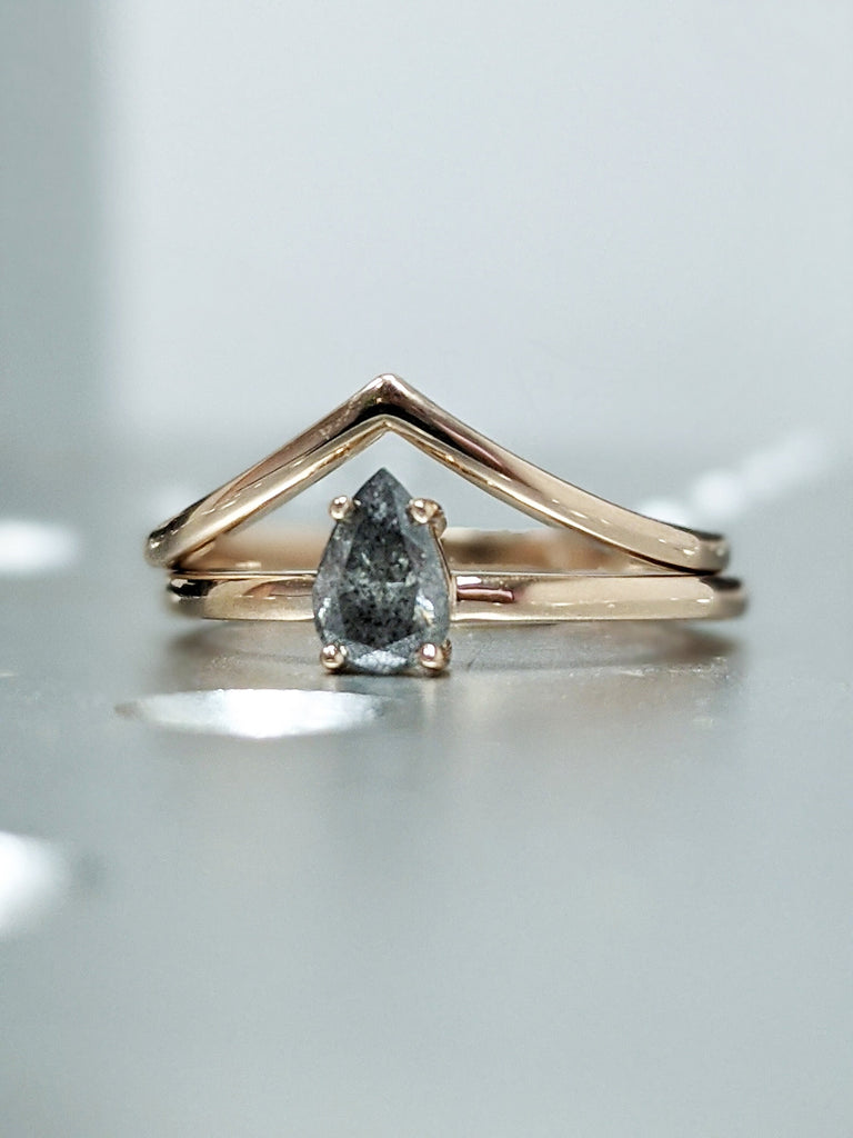 Raw Salt and Pepper Diamond, Rose Cut Pear Diamond Ring, Unique Engagement, Black, Gray Pear, 14k Yellow, Rose, or White Gold