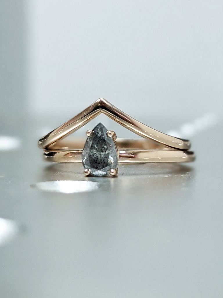 White Gold Raw Salt and Pepper Diamond, Full Cut Pear Diamond Ring, Unique Engagement, Black, Gray Pear, 14k Yellow, Rose, or White Gold